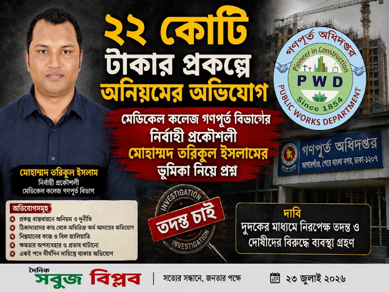 ২২ কোটি টাকার প্রকল্পে অনিয়মের অভিযোগ, মেডিকেল কলেজ গণপূর্ত বিভাগের নির্বাহী প্রকৌশলী মোহাম্মদ তরিকুল ইসলামের ভূমিকা নিয়ে প্রশ্ন