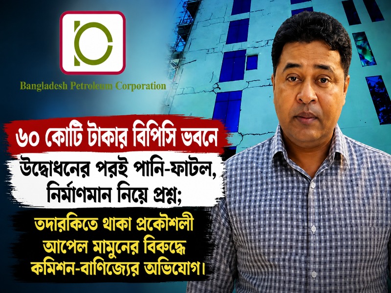 ৬০ কোটি টাকার বিপিসি ভবনে উদ্বোধনের পরই পানি-ফাটল, নির্মাণমান নিয়ে প্রশ্ন; তদারকিতে থাকা প্রকৌশলী আপেল মামুনের বিরুদ্ধে কমিশন-বাণিজ্যের অভিযোগ