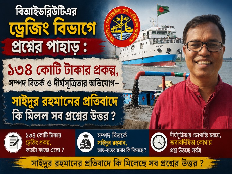 বিআইডব্লিউটিএর ড্রেজিং বিভাগে প্রশ্নের পাহাড় : ১৩৪ কোটি টাকার প্রকল্প, সম্পদ বিতর্ক ও দীর্ঘসূত্রিতার অভিযোগ—সাইদুর রহমানের প্রতিবাদে কি মিলল সব প্রশ্নের উত্তর ?