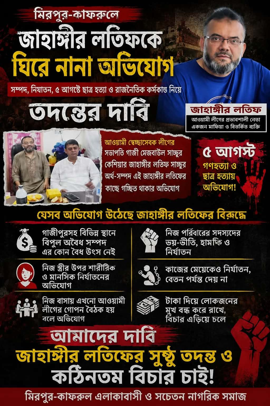 জাহাঙ্গীর লতিফের বিরুদ্ধে সম্পদ, নির্যাতন ও রাজনৈতিক সহিংসতার অভিযোগ, নিরপেক্ষ তদন্ত চান মিরপুর-কাফরুল এলাকাবাসী